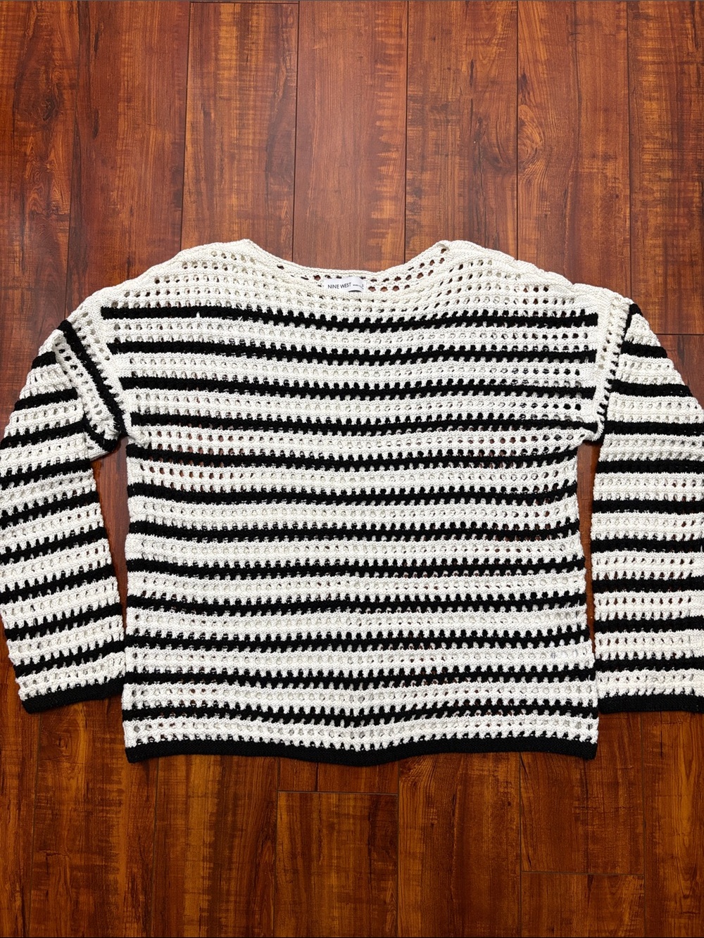 Womens  Nine West Black & White Striped Crochet Sweater